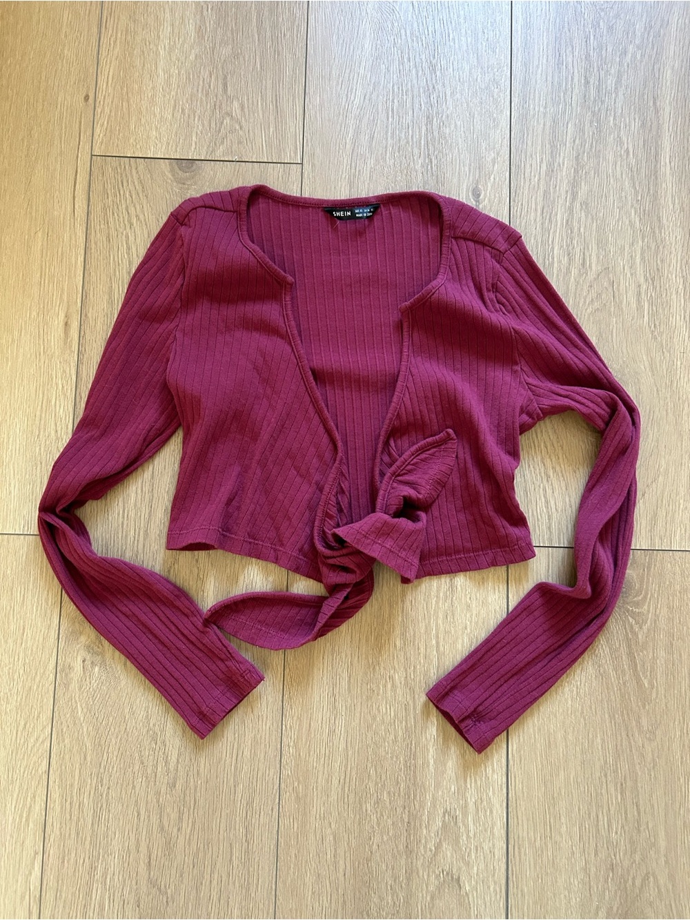 SHEIN Ribbed Tie-Front Long Sleeve Crop Top - Wine